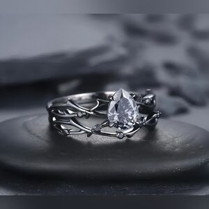 Gothic Grey CZ & black silver 'Branches' ring, 2 pcs., Sz.7